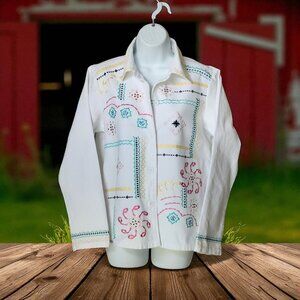 BFA Classic White Cottagecore Embroidered Denim Button Up Shaket SZ S